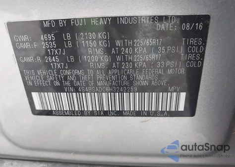 2017 Subaru Outback 2.5I Premium из США, поврежденный, VIN 4S4BSADC6H3242259